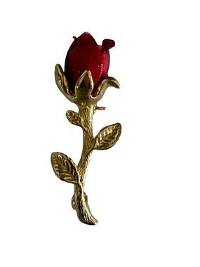 Vintage Red Rosebud Brooch Gold Tone Long Stem Rose Pin Romantic Floral Jewelry